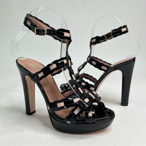 NEW RED Valentino Black Patent Leather Blush Pink Bow Strappy Sexy Heels Sandals - Picture 1 of 13